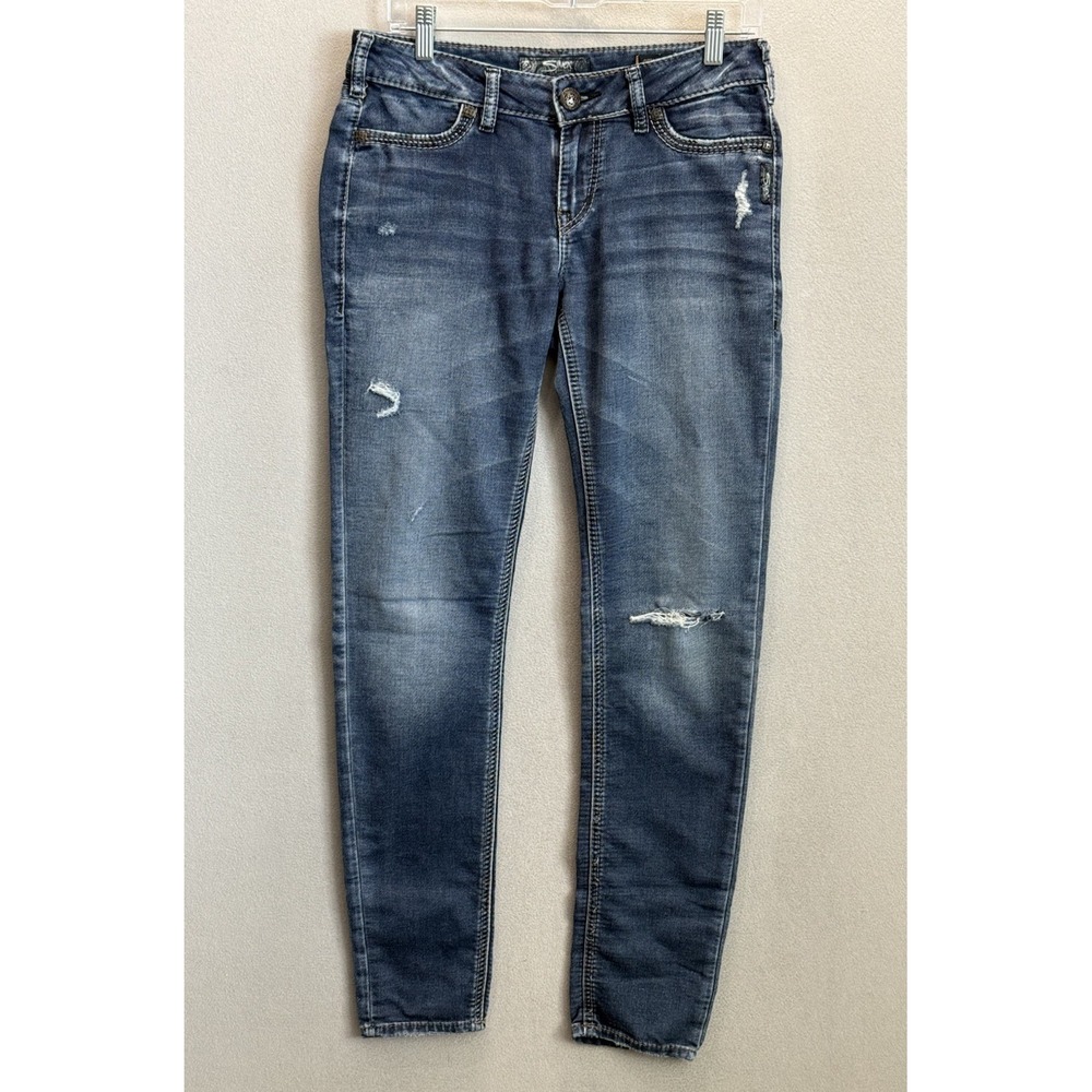 Silver Jeans + Sweat Joga Women's Sz 29x31‎ Super Skinny Distressed Denim